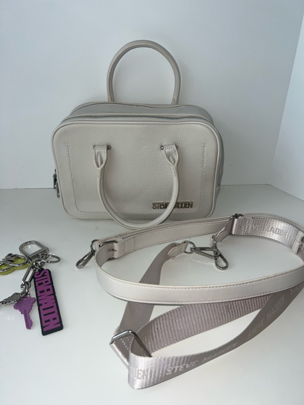 Steve Madden Cream Leather Structured Satchel with Removable Strap